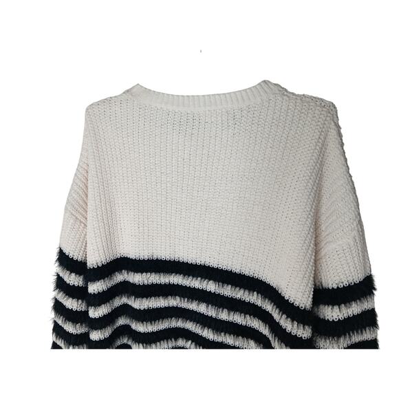 Easel Oversized Sweater Ivory Black Stripe Eyelash Knit Pullover Cozy L/XL - Picture 10 of 13